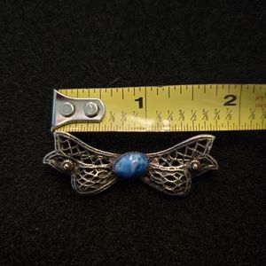 VINTAGE Silvertone Bow Brooch with Blue Oval Center, 1 5/8" Width